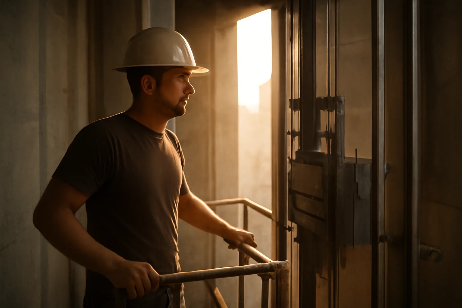 Mechanic in an Atlanta hoistway on elevator rails during afternoon light