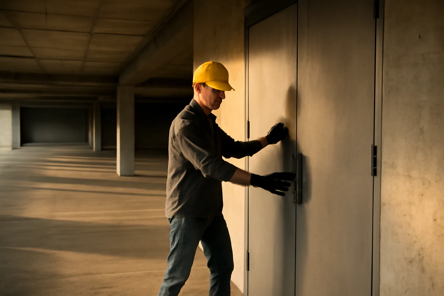 Mechanic checks a hoistway door in an Idaho garage