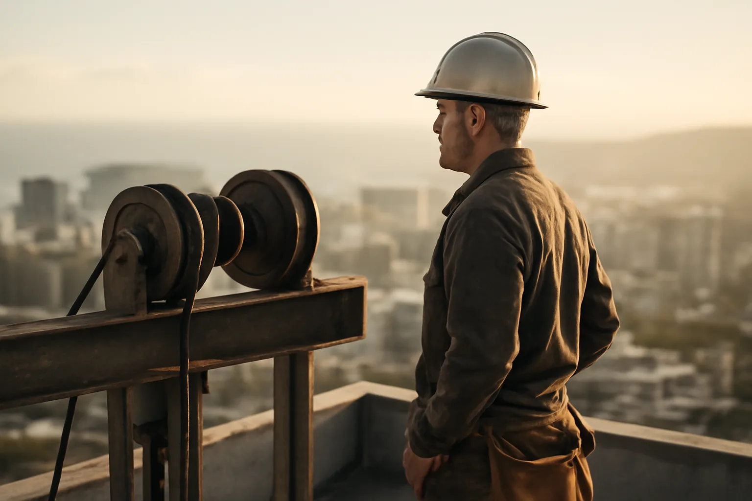 Elevator mechanic on a Honolulu rooftop beside hoist equipment