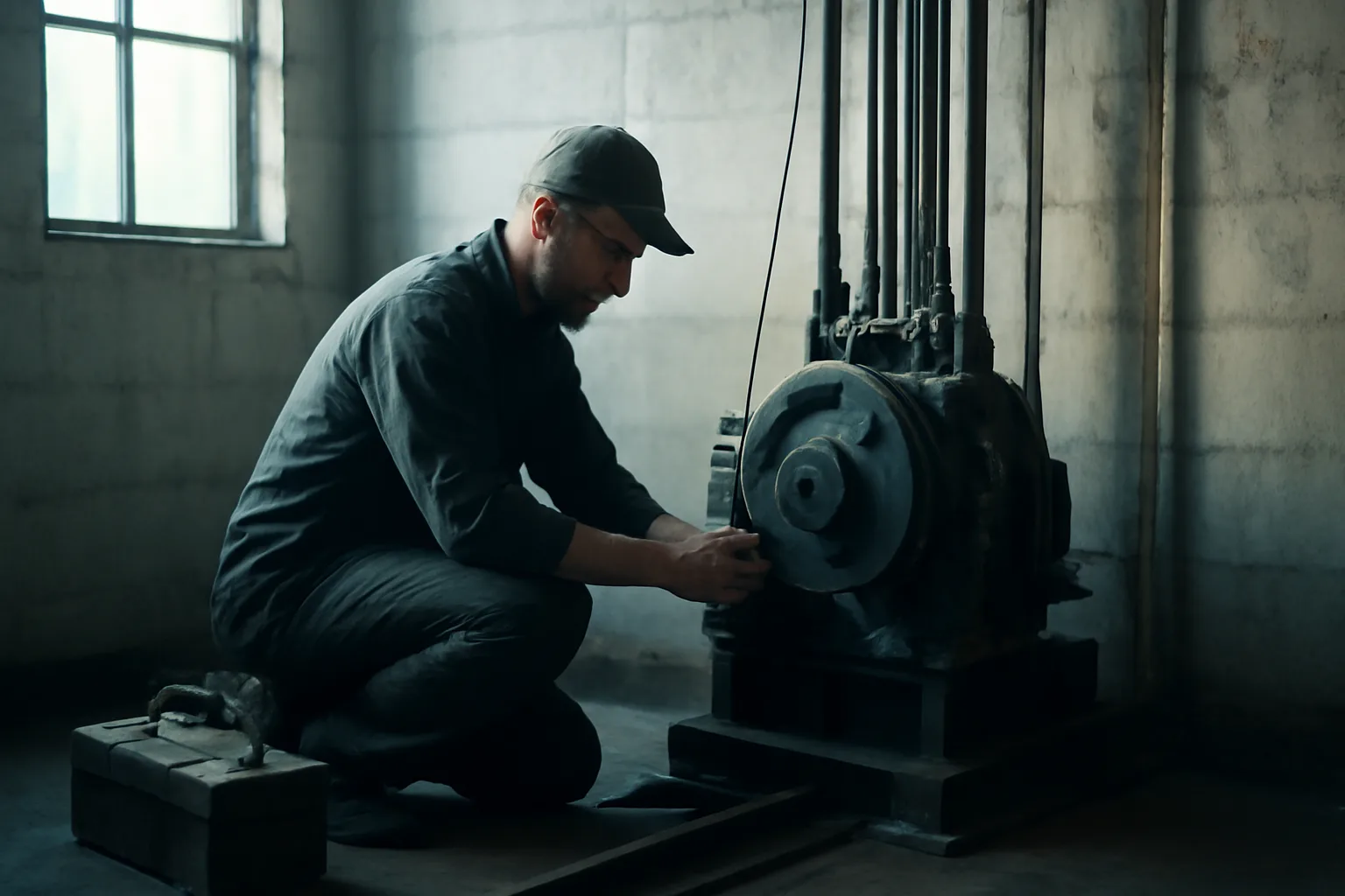 Mechanic beside hoist cables in a Boise elevator machine room