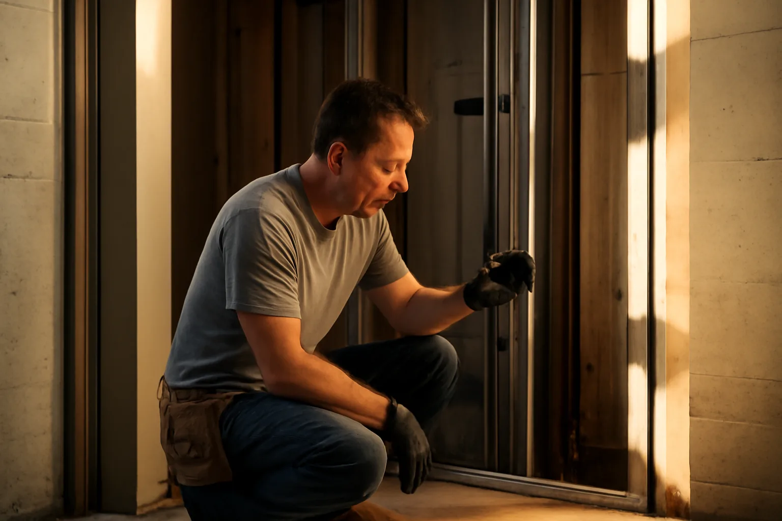 Elevator mechanic checking a hoistway rail in a Boise building