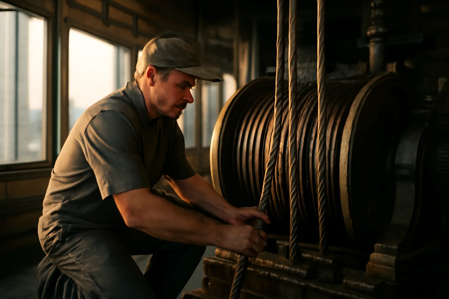 Hawaii elevator mechanic kneeling by a traction hoisting machine