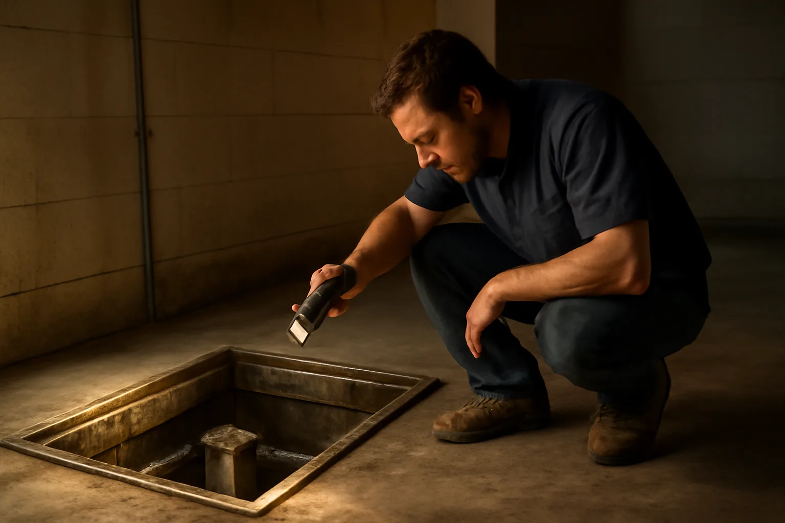 Idaho elevator mechanic crouched at a hydraulic pit in Boise